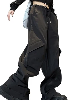 Женские брюки-парашют, мешковатые брюки-карго, эластичные брюки Y2K с завязками и высокой талией, с карманами для расслабленного бега трусцой - Изображение 1  