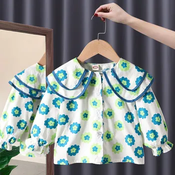 Корейская детская одежда 2023 Весна осень Детские рубашки и блузки с цветочным принтом для девочек Модные топы с кукольным воротником для маленьких девочек - Изображение 1  