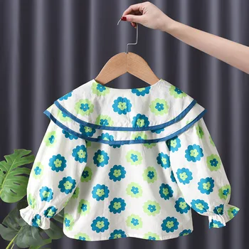 Корейская детская одежда 2023 Весна осень Детские рубашки и блузки с цветочным принтом для девочек Модные топы с кукольным воротником для маленьких девочек - Изображение 2  