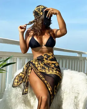 Сексуальный женский костюм в пляжном стиле с принтом GPBD 2023, Новый Короткий топ, Эластичная юбка средней длины, Бикини, Комплекты из 3 предметов - Изображение 2  