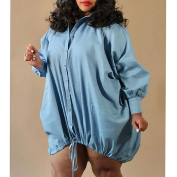 Платье-рубашка Wepbel, женское летнее однобортное платье-рубашка со свободным подолом, на шнуровке, светло-голубое сексуальное платье с длинным рукавом - Изображение 1  