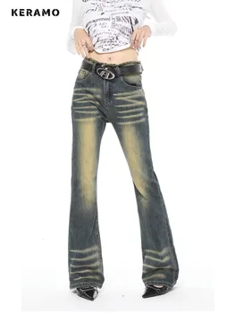 Y2K Harajuku Широкие брюки в стиле ретро с высокой талией, расклешенные джинсовые брюки, уличная одежда, стиль 2023, Осенние женские винтажные узкие джинсовые брюки - Изображение 1  