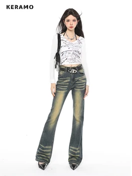 Y2K Harajuku Широкие брюки в стиле ретро с высокой талией, расклешенные джинсовые брюки, уличная одежда, стиль 2023, Осенние женские винтажные узкие джинсовые брюки - Изображение 2  