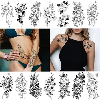 Водонепроницаемые временные татуировки для девочек с цветами розы для женщин Черные наклейки с татуировками Женские наклейки с татуировками на плечо и тело своими руками 1шт - Изображение 2  