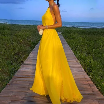 Новое платье 2023 года, элегантное однотонное желтое платье на бретельках без рукавов с цепочкой на шее - Изображение 1  