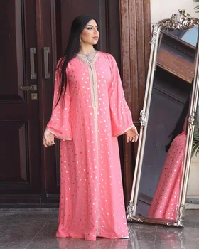 Абая Розовая Женская 2022 Этнический Позолоченный Женский халат с длинным рукавом Дубай Турция Арабский Марокко Кафтан Кафтан Женская одежда - Изображение 2  