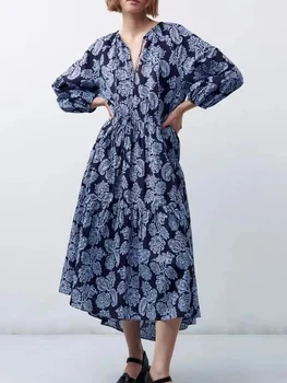 Женское Летнее осеннее длинное платье с принтом 2023, платья с V-образным вырезом и длинным рукавом для женщин, повседневные пиджаки, платья - Изображение 1  