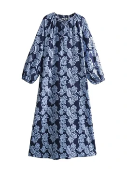 Женское Летнее осеннее длинное платье с принтом 2023, платья с V-образным вырезом и длинным рукавом для женщин, повседневные пиджаки, платья - Изображение 2  