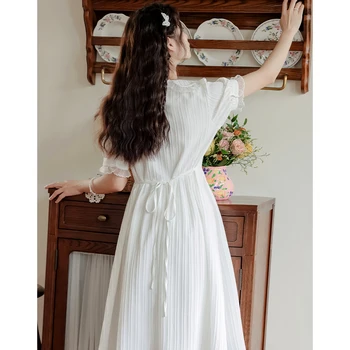 Японское летнее женское платье Mori Girl Белое платье миди принцессы с воротником Питер Пэн, Элегантное женственное платье на шнуровке с цветочными пуговицами - Изображение 2  