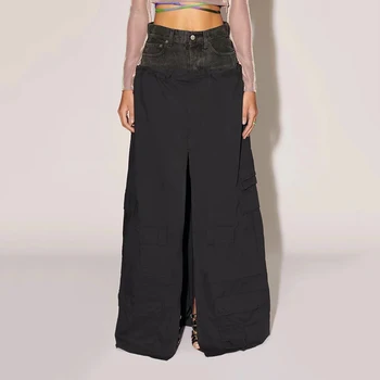 С несколькими карманами, завязками на шнурках, угольно-черная джинсовая юбка с разрезом на половину тела и высокой талией, новинка осени 2023 года, женская мода y2k - Изображение 2  