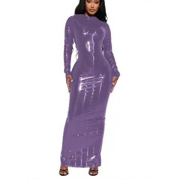 Женское сексуальное длинное платье из искусственной ПВХ кожи большого размера с разрезом, круглый вырез, длинный рукав, облегающее платье Макси для ночного клуба, одежда для вечеринок - Изображение 1  