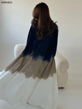 Мусульманский модный плащ-кардиган Siskakia, халат для женщин, летний Длинный рукав, сине-бело-серый Контрастный цвет, Исламская одежда Дубая - Изображение 2  