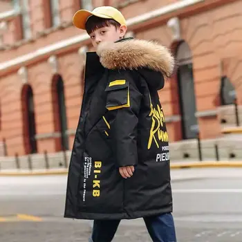 2023, Большой размер, очень теплая зимняя куртка для мальчиков и девочек, подростковая средней длины, плюс бархатное утолщенное хлопковое пальто с капюшоном для детей - Изображение 1  