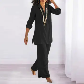 Женский костюм с эластичной резинкой на талии, женская рубашка и брюки в винтажном стиле, свободный повседневный наряд с V-образным вырезом и широкими штанинами для осени - Изображение 2  