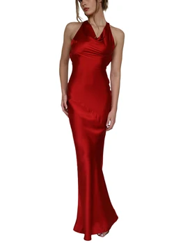 Женское Атласное длинное облегающее вечернее клубное платье на бретельках, без рукавов, с вырезом на спине, коктейльное платье Y2K - Изображение 2  