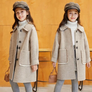 Весенне-осенняя куртка с длинными рукавами для девочек от 3 до 14 лет, Детская одежда, Корейское плотное шерстяное пальто, Цельная верхняя одежда, модное Детское пальто 2023 года. - Изображение 1  