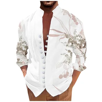 Винтажные рубашки Для мужчин, Новая повседневная рубашка свободного покроя в стиле ретро с длинными рукавами и принтом, блузка, Повседневные Красивые мужские рубашки ropa hombre - Изображение 1  