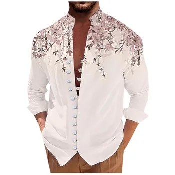 Винтажные рубашки Для мужчин, Новая повседневная рубашка свободного покроя в стиле ретро с длинными рукавами и принтом, блузка, Повседневные Красивые мужские рубашки ropa hombre - Изображение 2  