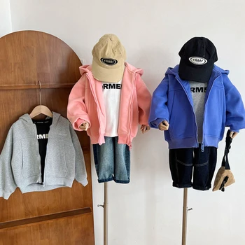 Толстовка с капюшоном для мальчиков на молнии 2023 Весна Осень, детская одежда, Модная Корейская одежда для девочек, Детские хлопчатобумажные пальто, Верхняя одежда, куртки - Изображение 1  