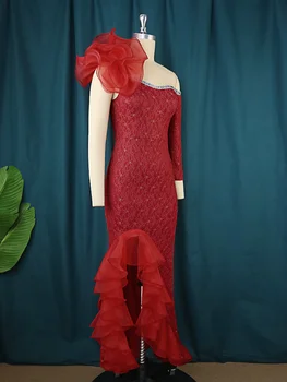 Красное сетчатое платье с косым вырезом, длинное платье в стиле учителя, с одним рукавом, с косым поворотом, с деревянным краем уха - Изображение 2  