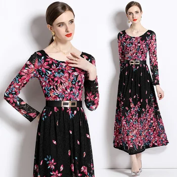 Новые осенние женские длинные платья 2023 года, элегантные тонкие винтажные кружевные платья с круглым вырезом и принтом, женская одежда - Изображение 2  