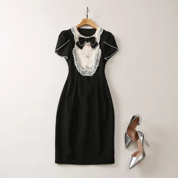 Европейская и американская женская одежда 2023, летняя новинка, приколите бант из бисера к шее с коротким рукавом, модное черное платье XXL - Изображение 1  