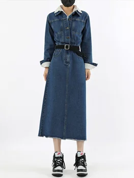 SHENGPALAE, модное джинсовое платье для женщин с лацканами, длинный рукав, лоскутное шитье, винтажный дизайн с разрезом, женское платье, Осень 2023, Новинка 5R5299 - Изображение 2  