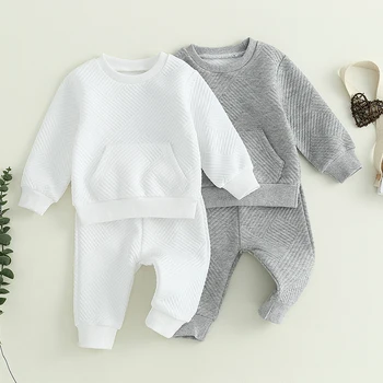 Осенне-зимняя одежда для маленьких мальчиков из 2 предметов, передний карман с длинным рукавом, текстурированная толстовка, топы и брюки, комплект одежды для малышей - Изображение 1  
