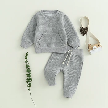 Осенне-зимняя одежда для маленьких мальчиков из 2 предметов, передний карман с длинным рукавом, текстурированная толстовка, топы и брюки, комплект одежды для малышей - Изображение 2  