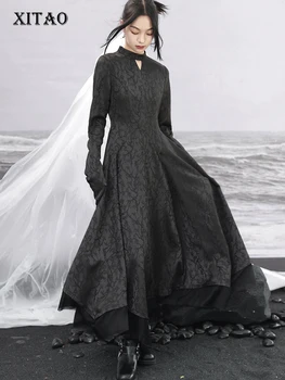 XITAO Черное винтажное жаккардовое платье Модный темперамент, открытый воротник-стойка, длинный рукав, платье с большим подолом, новинка осени DMJ2693 - Изображение 1  