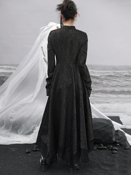 XITAO Черное винтажное жаккардовое платье Модный темперамент, открытый воротник-стойка, длинный рукав, платье с большим подолом, новинка осени DMJ2693 - Изображение 2  