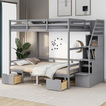 Полноразмерная кровать, многофункциональная двухъярусная кровать с лестницей, пуховая кровать может трансформироваться в сиденья и стол для спальни - Изображение 1  