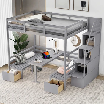 Полноразмерная кровать, многофункциональная двухъярусная кровать с лестницей, пуховая кровать может трансформироваться в сиденья и стол для спальни - Изображение 2  