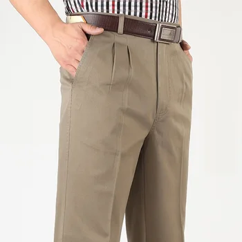 Прямые свободные повседневные брюки мужские плиссированные классические базовые с высокой талией, плотные осенние 100% хлопковые черные офисные брюки 42 44 46 - Изображение 1  
