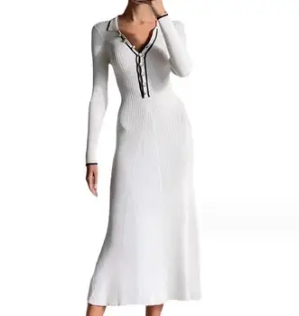 Элегантное платье с отложным воротником 2023 Осень Новое однобортное приталенное повседневное базовое платье для женщин - Изображение 1  