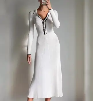 Элегантное платье с отложным воротником 2023 Осень Новое однобортное приталенное повседневное базовое платье для женщин - Изображение 2  