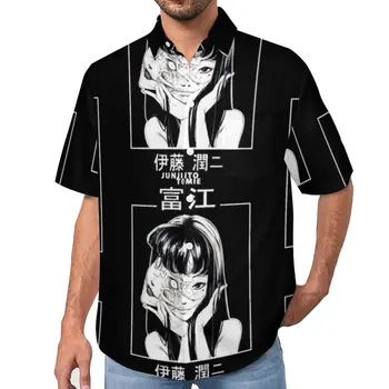 Повседневные рубашки Junji Ito, рубашка со страшными каникулами из японского мультфильма, Гавайские винтажные блузки с рисунком, мужские, большие размеры - Изображение 1  