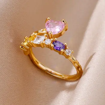 Цветные кольца с розовыми сердечками из циркона Для женщин, Регулируемое кольцо с сердечком из нержавеющей стали, Трендовый эстетичный свадебный ювелирный подарок 2023 года - Изображение 1  