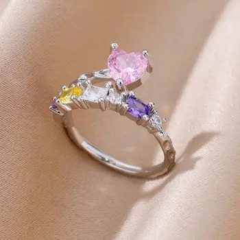 Цветные кольца с розовыми сердечками из циркона Для женщин, Регулируемое кольцо с сердечком из нержавеющей стали, Трендовый эстетичный свадебный ювелирный подарок 2023 года - Изображение 2  