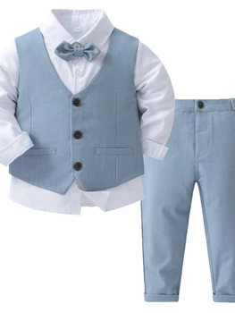 Костюмы для мальчиков, Джентльменский смокинг, галстук-бабочка, рубашка, костюм, жилет, брюки, 4 предмета, Шикарная одежда для малышей, джентльменский наряд для крещения, Дня рождения - Изображение 2  