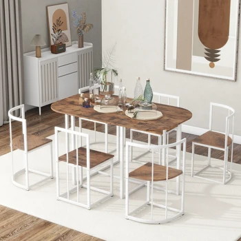 Современный обеденный стол из 7 предметов с искусственным мрамором Компактный 55-дюймовый Белый + вишневый Прочный Простой в сборке Ресторанный сервиз - Изображение 1  