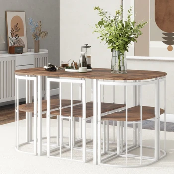 Современный обеденный стол из 7 предметов с искусственным мрамором Компактный 55-дюймовый Белый + вишневый Прочный Простой в сборке Ресторанный сервиз - Изображение 2  