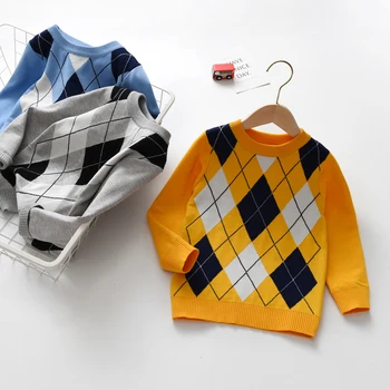 Осенне-зимний теплый свитер для мальчиков, клетчатый свитер с длинными рукавами, вязаный свитер для мальчиков в стиле колледжа - Изображение 1  