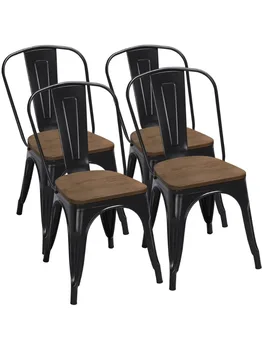 Металлические складные обеденные стулья Alden Design с деревянным сиденьем, набор из 4 штук, черный - Изображение 1  