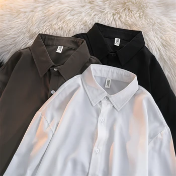 Японские однотонные рубашки с длинными рукавами, Американские винтажные повседневные повседневные Свободные рубашки для хай-стрит, куртки, мужские топы, мужская одежда - Изображение 1  