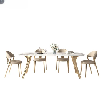 Роскошный кухонный обеденный стол из каменной плиты с 4 стульями В золотой раме из нержавеющей стали, стол из искусственного мрамора, мебель для дома eettafel comedor - Изображение 1  