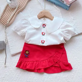 Новая блузка с коротким рукавом для девочек, рубашка и юбка, модный летний комплект одежды с цветочным узором для маленьких девочек, комплект одежды для детей - Изображение 1  