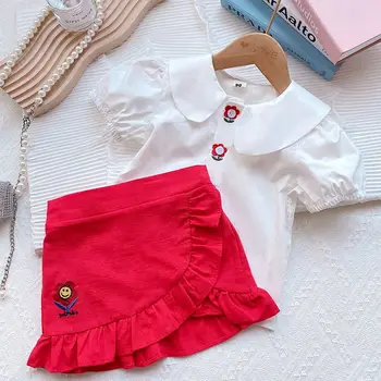 Новая блузка с коротким рукавом для девочек, рубашка и юбка, модный летний комплект одежды с цветочным узором для маленьких девочек, комплект одежды для детей - Изображение 2  