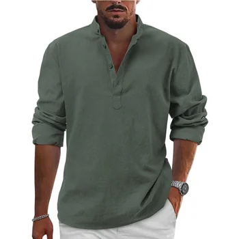 мужская льняная футболка с длинным рукавом, свободная футболка, однотонная хлопковая льняная рубашка с длинным рукавом, мужская рубашка большого размера - Изображение 2  