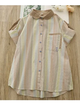 Хлопковая рубашка с коротким рукавом и воротником Питер Пэн в полоску в стиле ретро, Блузка 2023 Лето - Изображение 1  